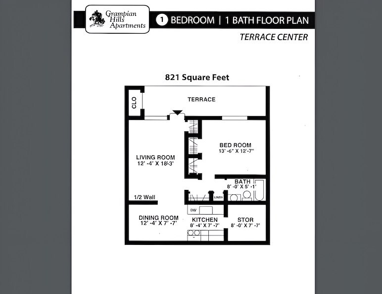 Floor plan for a one bedroom apartment, terrace center at the arlington, Grampian Hills Apartments, Williamsport, Pennsylvania