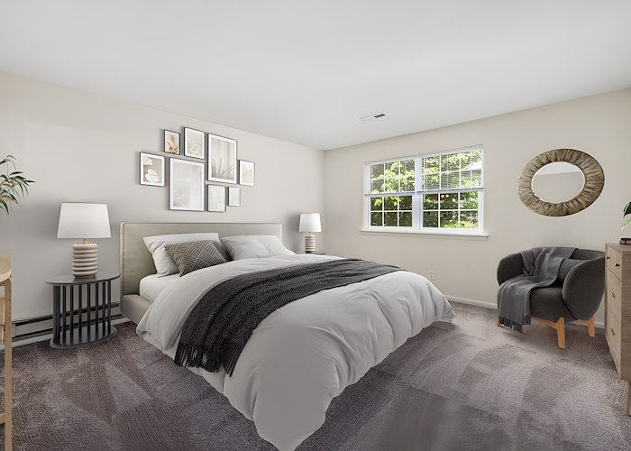 A bedroom with a bed, dresser and window, Grampian Hills Apartments, Williamsport, Pennsylvania
