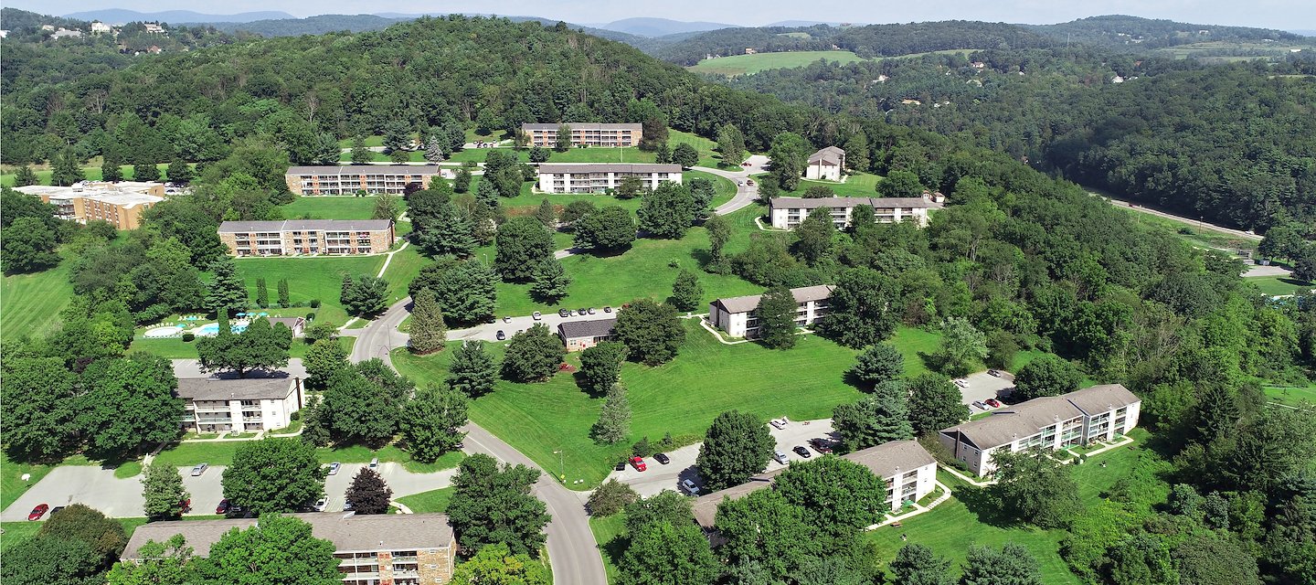 An aerial view of a resort in the mountains, Grampian Hills Apartments, Williamsport, Pennsylvania