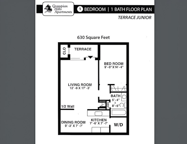 Floor plan for a one bedroom apartment, terrace junior at the arlington, Grampian Hills Apartments, Williamsport, Pennsylvania
