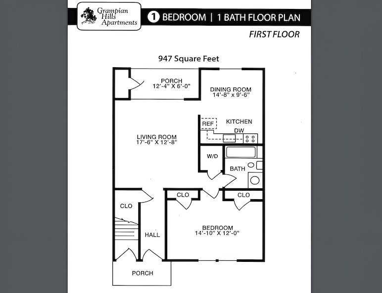 Floor plan for a one bedroom apartment, first floor at the park, Grampian Hills Apartments, Williamsport, Pennsylvania