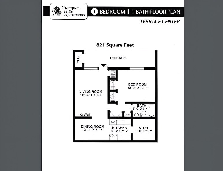 The floor plan for a one bedroom apartment, terrace center, Grampian Hills Apartments, Williamsport, Pennsylvania