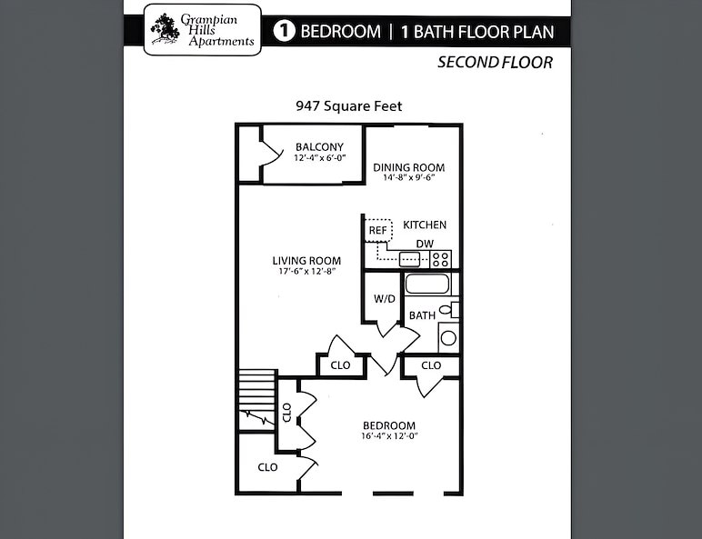 The floor plan for a one bedroom apartment, second floor at the village at the lake, Grampian Hills Apartments, Williamsport, Pennsylvania