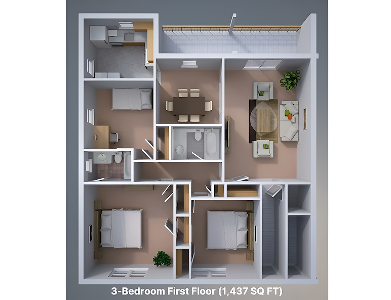 3 bedroom, 1st floor plan, Manor House Apartments, Lancaster, Pennsylvania