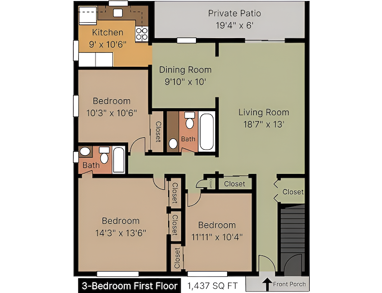 3 bedroom, 1st floor, floor plan, Manor House Apartments, Lancaster, Pennsylvania