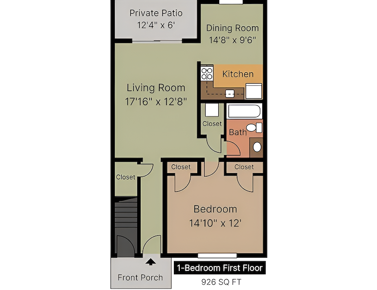 1 bedroom first floor plan, Manor House Apartments, Lancaster, Pennsylvania