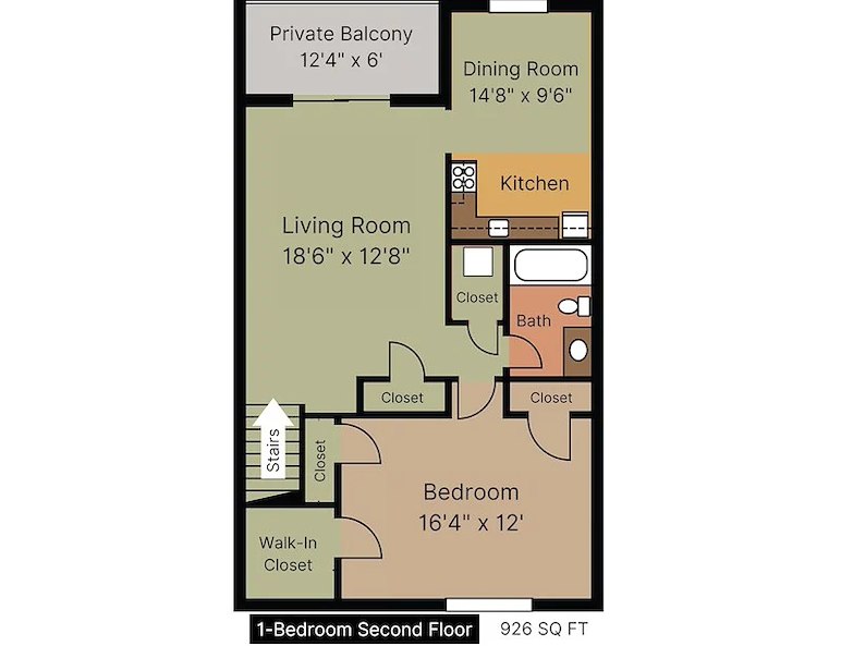1 bedroom, 2nd floor plan, Manor House Apartments, Lancaster, Pennsylvania