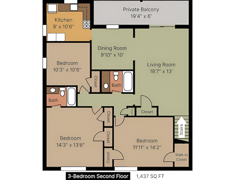 3 bedroom second floor plan, Manor House Apartments, Lancaster, Pennsylvania