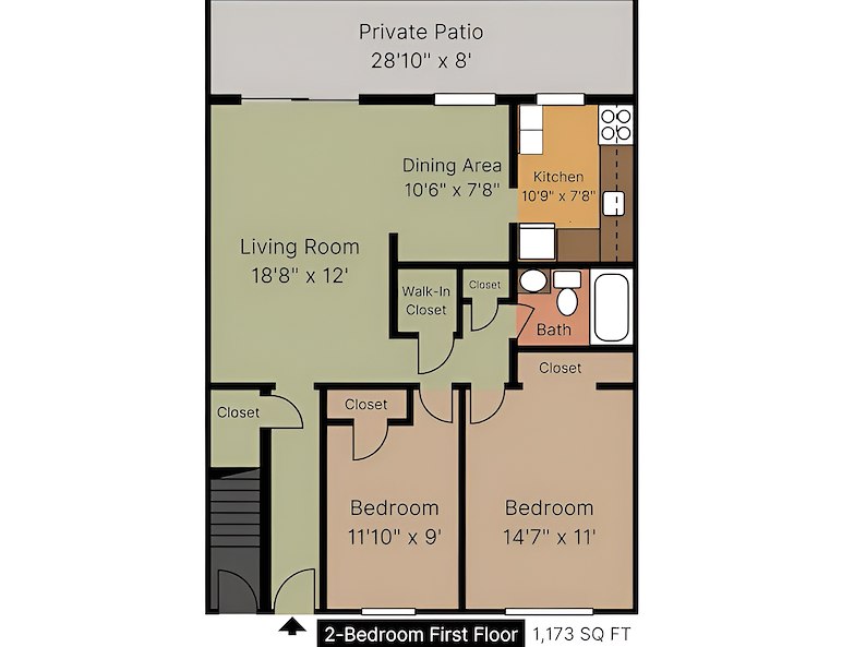 The floor plan for a two bedroom, 1st floor apartment at the village at the palos verdes, Manor House Apartments, Lancaster, Pennsylvania