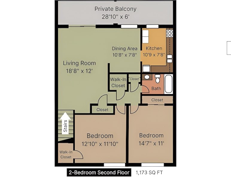 The floor plan for a two bedroom, 2nd floor apartment, Manor House Apartments, Lancaster, Pennsylvania