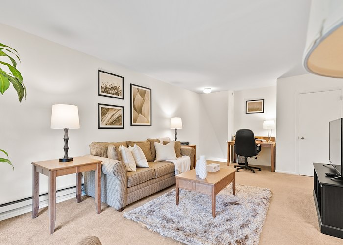 A living room with a couch, chair, and television, Manor House Apartments, Lancaster, Pennsylvania