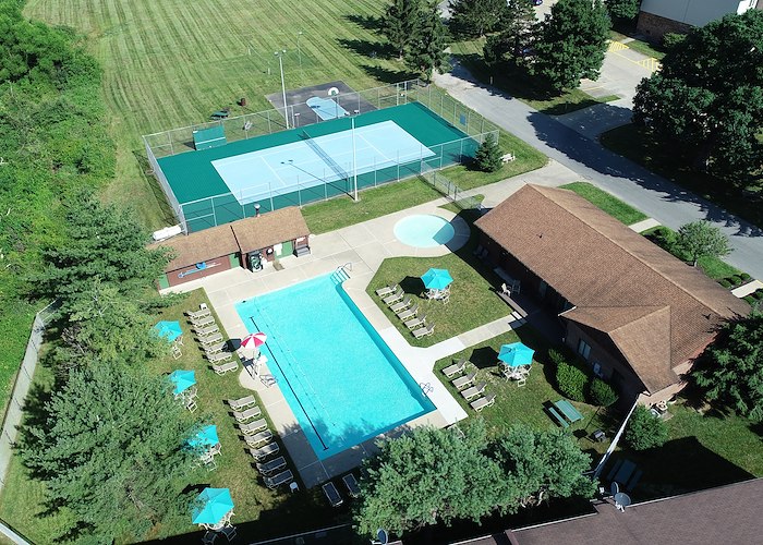 An aerial view of a pool and tennis court, Pikeview Manor Apartments, Beckley, West Virginia