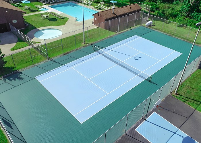 An aerial view of a tennis court and pool, Pikeview Manor Apartments, Beckley, West Virginia
