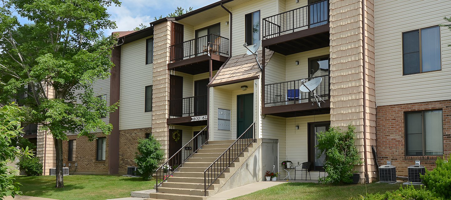 The apartment complex at the corner of a street at Pikeview Manor Apartments in Beckley, West Virginia