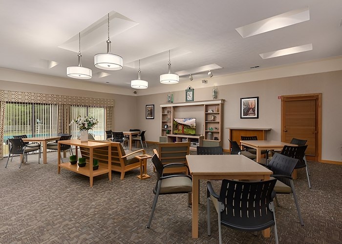 A large room with tables and chairs in it, Pikeview Manor Apartments, Beckley, West Virginia
