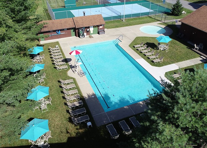 An aerial view of a pool and tennis court, Pikeview Manor Apartments, Beckley, West Virginia