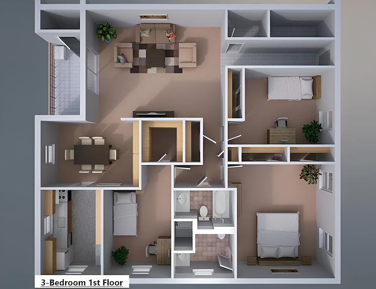 The floor plan for a three bedroom, 1st floor apartment with family room, Powder Mill Apartments, York, Pennsylvania