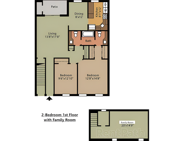 A floor plan of a two bedroom first level apartment, Powder Mill Apartments, York, Pennsylvania