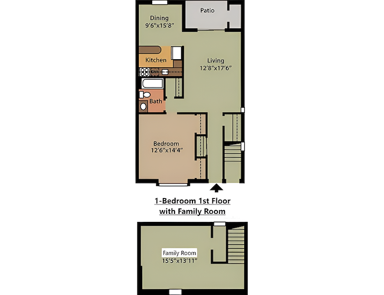 1 bedroom first level floor plan, Powder Mill Apartments, York, Pennsylvania