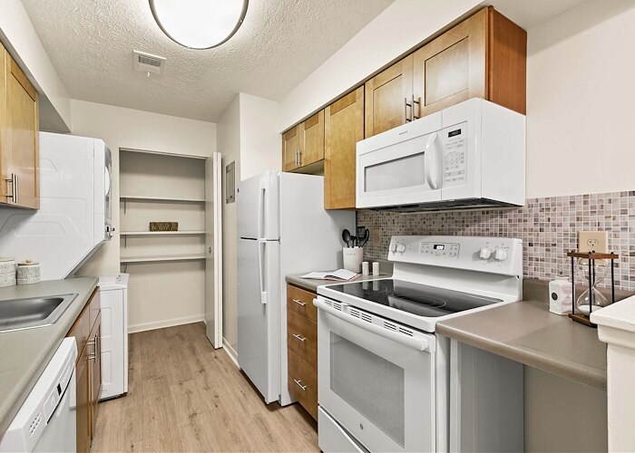 A kitchen with a stove, microwave, refrigerator and dishwasher, Roxalana Apartments, Dunbar, West Virginia