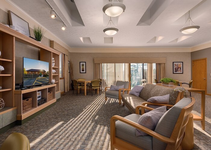A community building with couches, chairs and a flat screen tv, Roxalana Apartments, Dunbar, West Virginia