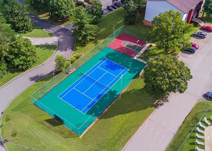 An aerial view of a tennis court and parking lot, Roxalana Apartments, Dunbar, West Virginia