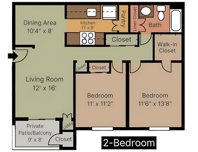 The floor plan for a two bedroom apartment, Roxalana Apartments, Dunbar, West Virginia