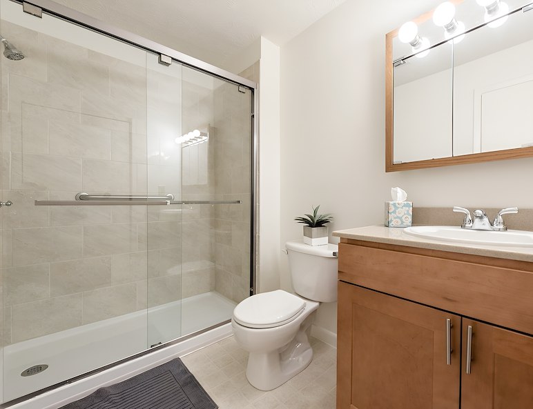 Bright bathroom with shower at Springetts Apartments in York, PA