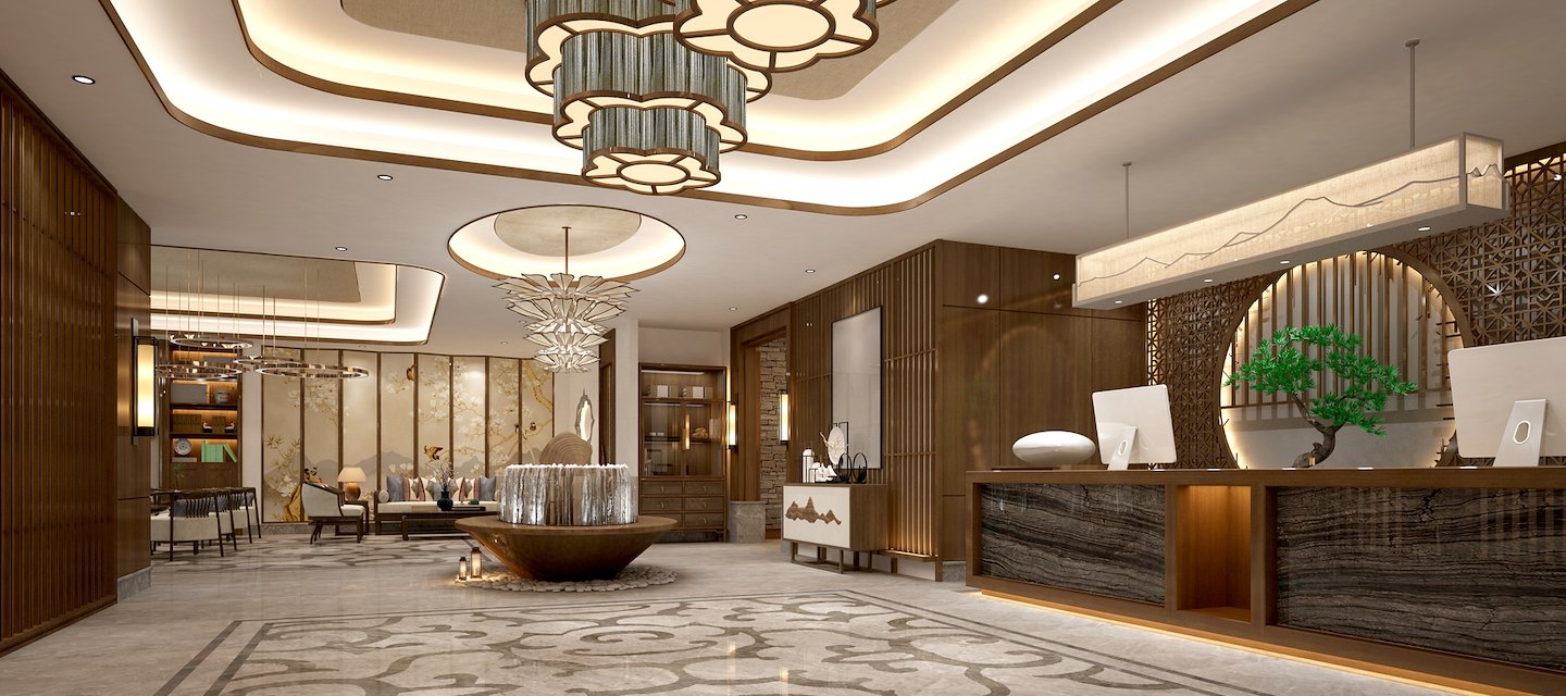 Traditional designed hotel floor corridor lobby.
