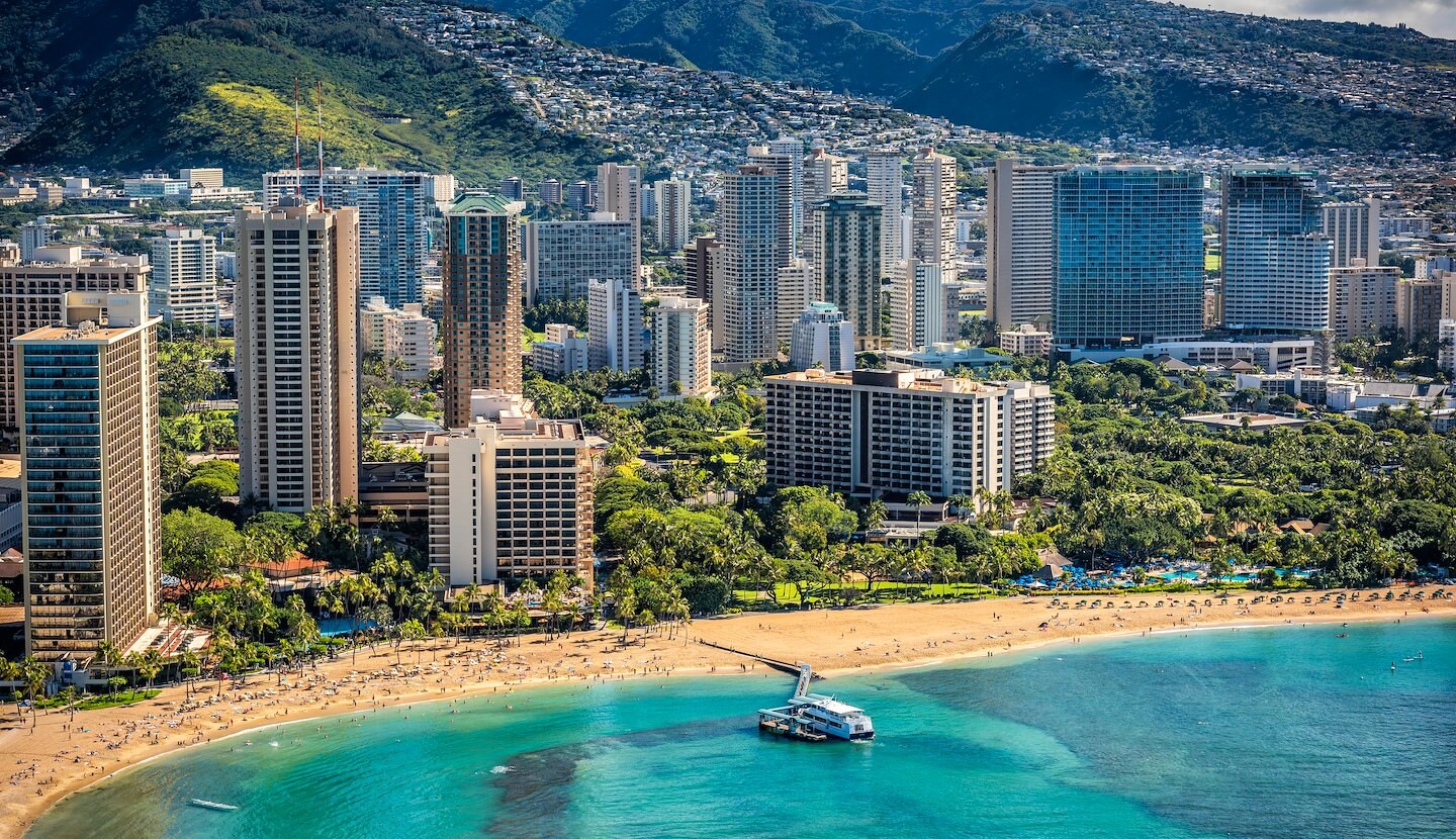 Aerial view of Embassy Suites by Hilton Waikiki Beach Walk and Coastline, Hawaii