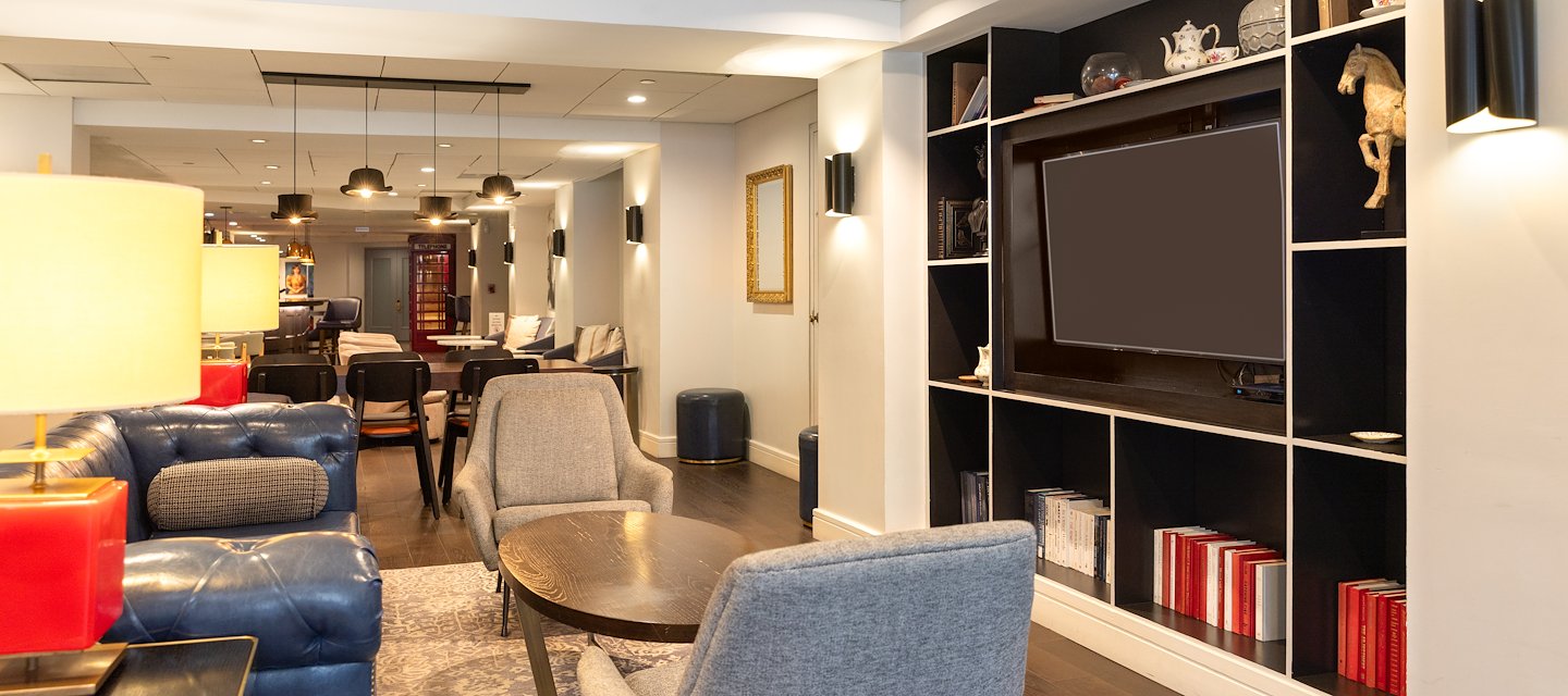 Cozy lounge area at the King George Hotel in San Francisco, California.