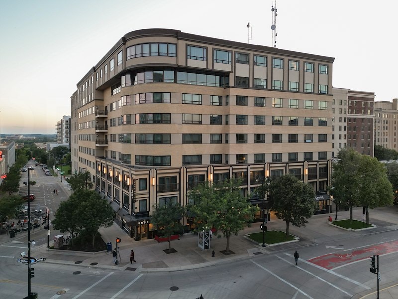 A building with trees around it