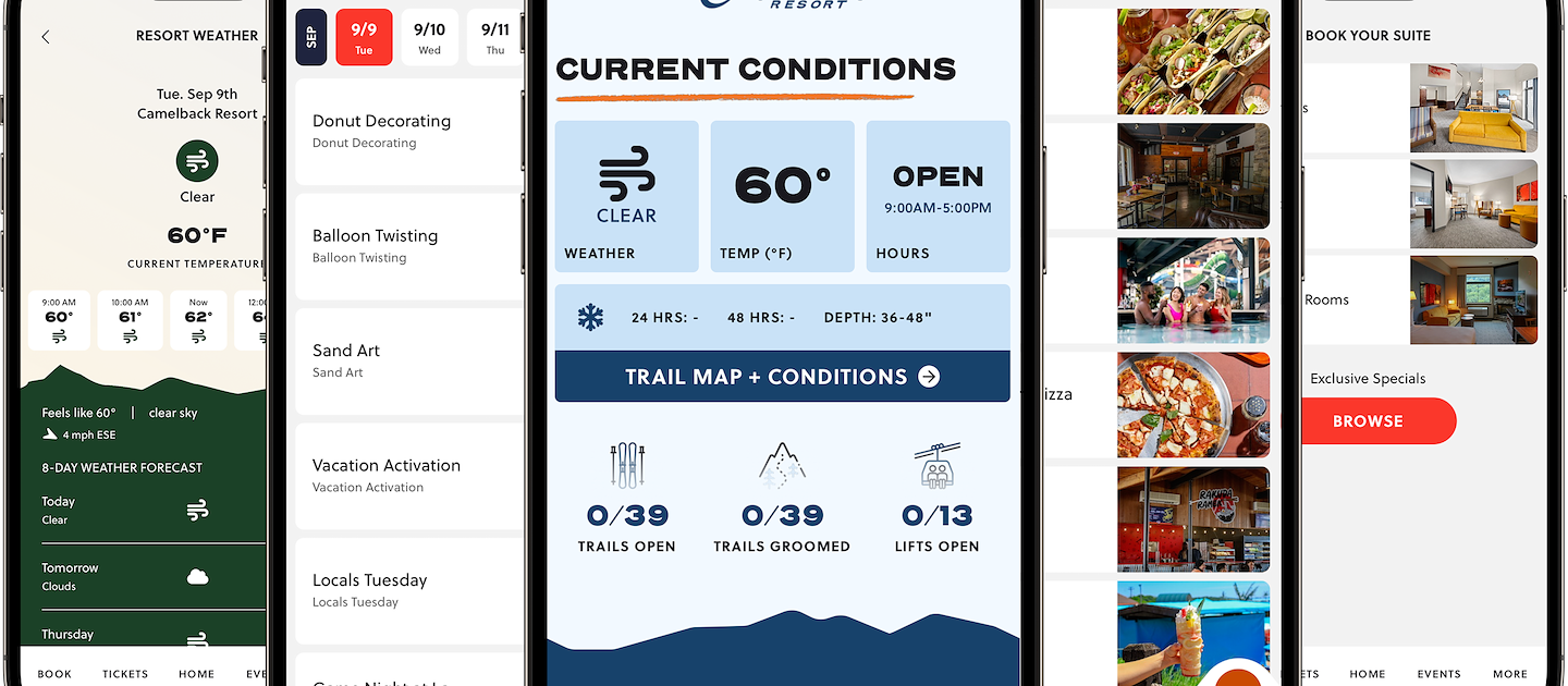 Camelback Resort App — vacation booking screens on smartphones in Tannersville