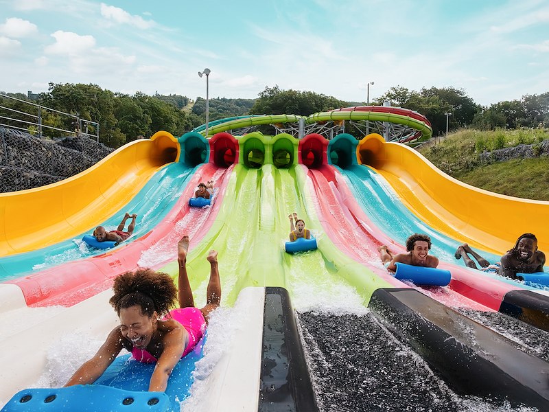 Racing down water slides at Camelbeach