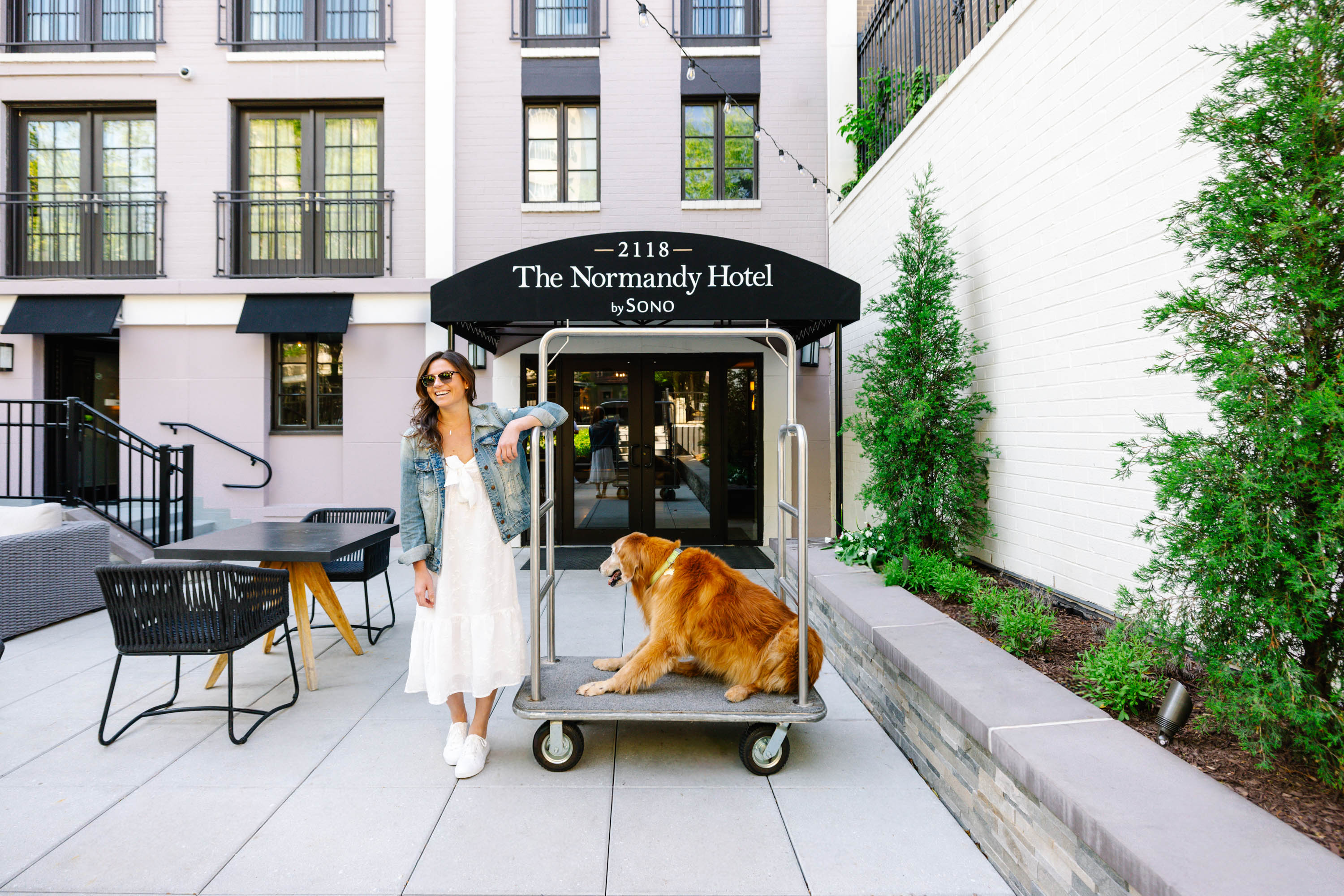 A guest enjoys the patio at The Normandy Hotel with a dog on a luggage cart.