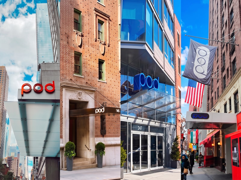 Pod Times Square, Pod 51, Pod 39, Pod Brooklyn Hotel facades