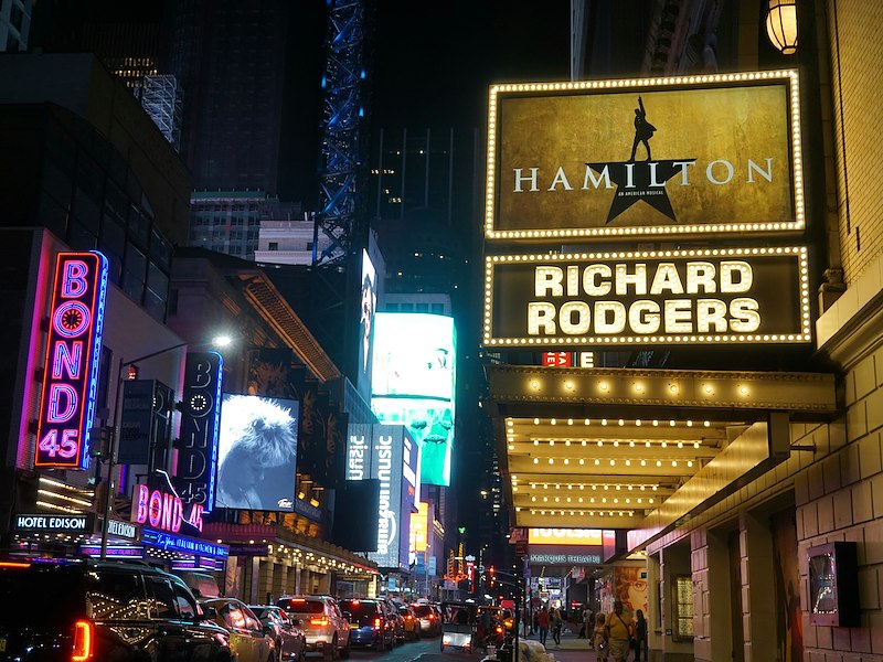 Exterior of the Richard Rodgers Theatre in New York City, home of Hamilton on Broadway, with marquee lights in Times Square