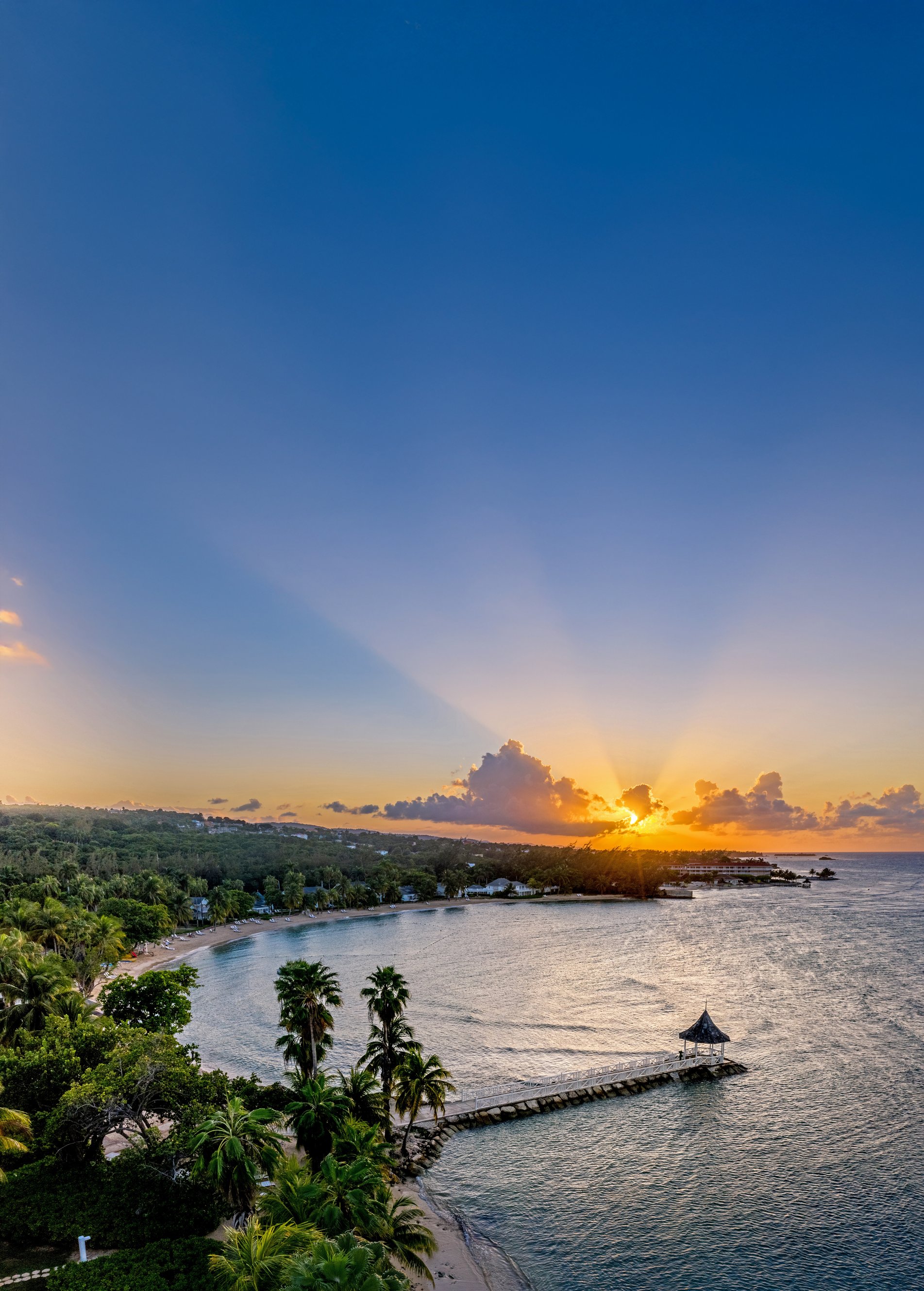 Sunrise over a tropical bay with palm trees and a pier, viewed from The Calliope Collective