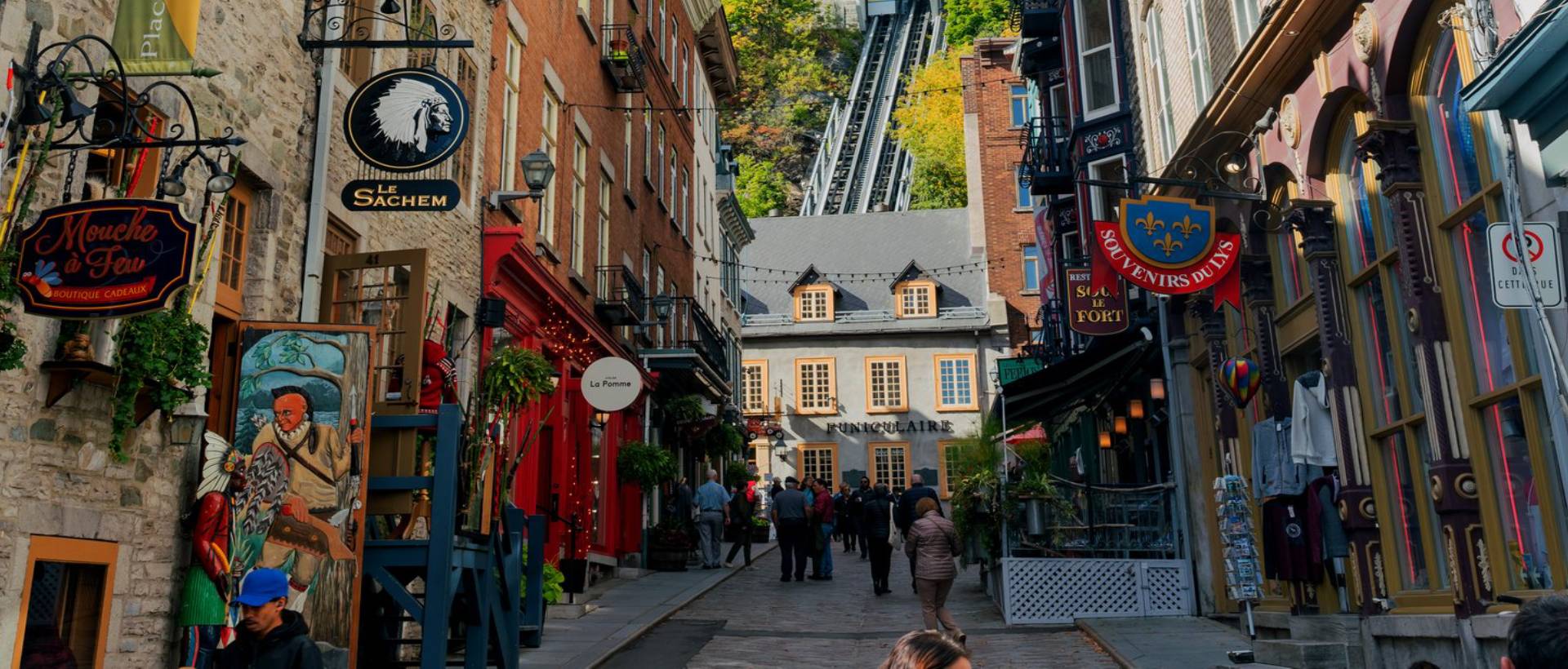 The historic funicular overlooks picturesque Rue Sous-le-Fort in Old Quebec City.