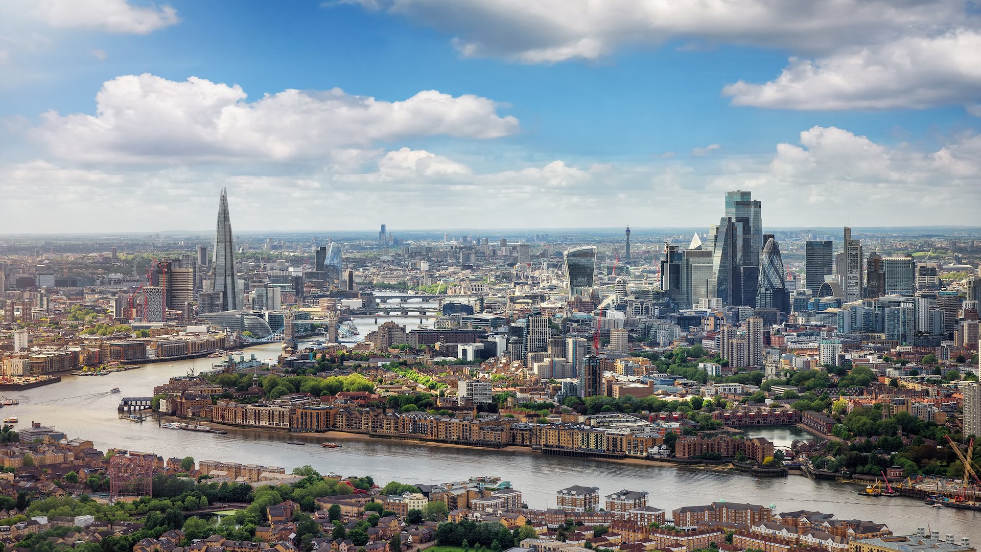 Panorama of the London skyline along the river Thames from London Bridge.
