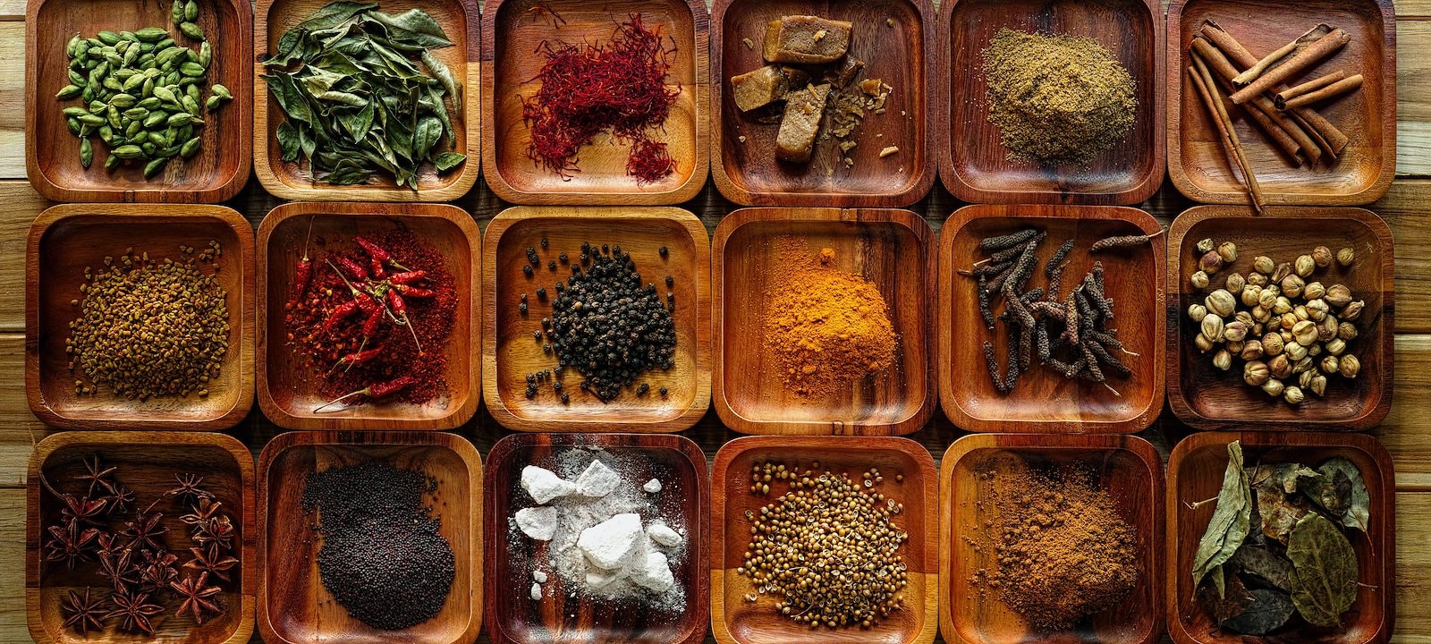 An array of Indian cooking spices.