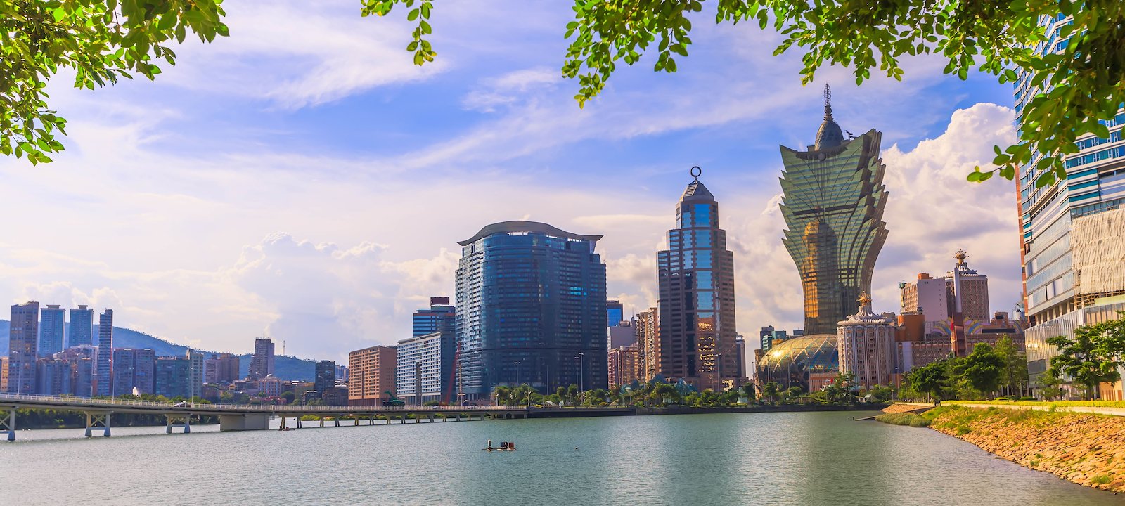 Macau’s downtown city skyline with the distinctive flower-shaped Grand Lisboa, which houses one of many casinos in the area.