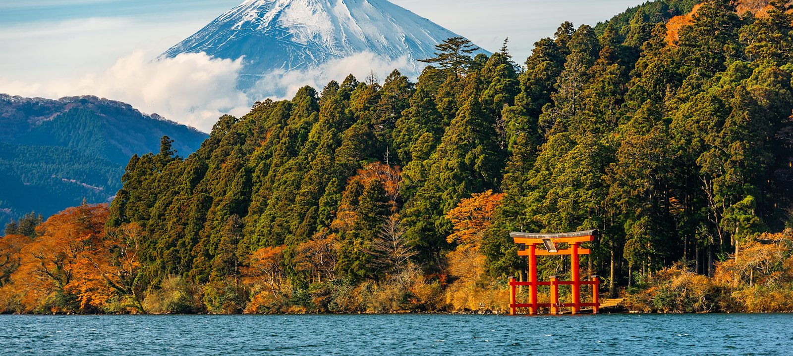 Lake Ashinoko and the red torii gates of the Hakone Shrine.
