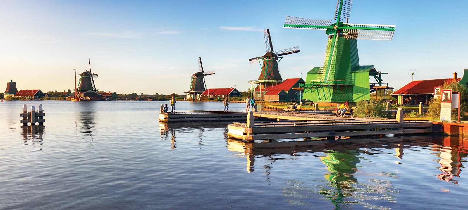 Historic windmills at Zaanse Schans open-air museum.