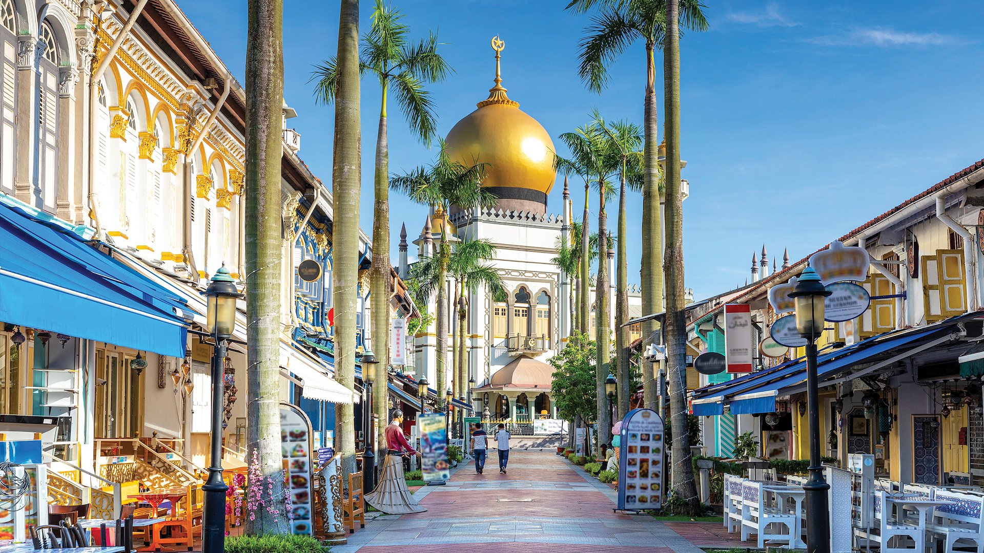 Sultan Mosque at the end of a pretty pedestrianized street.