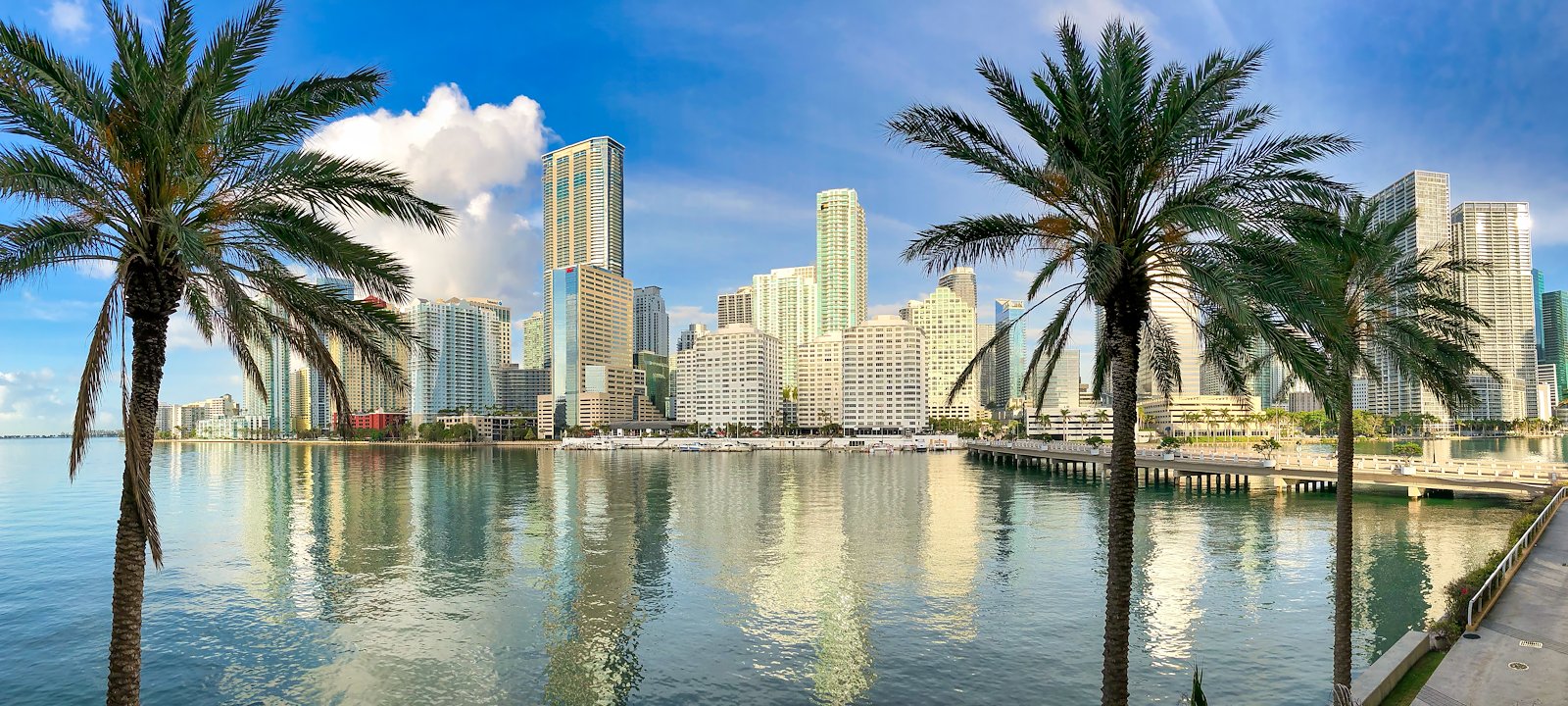 Downtown Miami at sunrise from Brickell Key, Florida.
