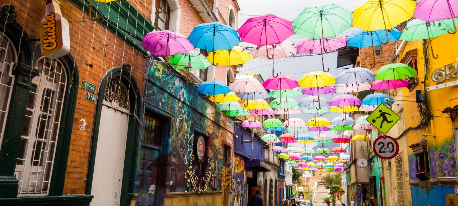 Calle de las Sombrillas (Umbrella Street) in Bogotá, Columbia.