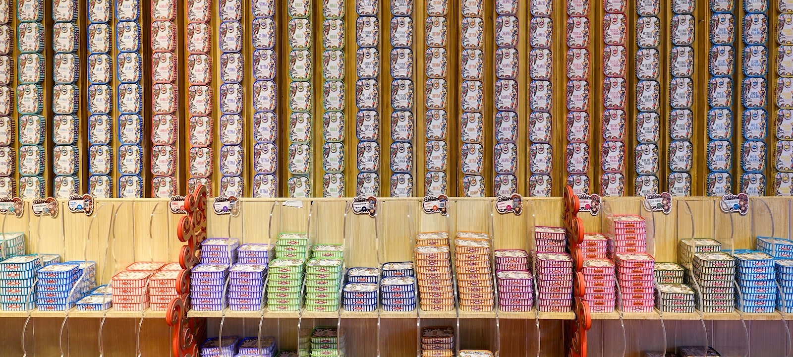 Rows of colorfully packaged tinned fish in Portugal.
