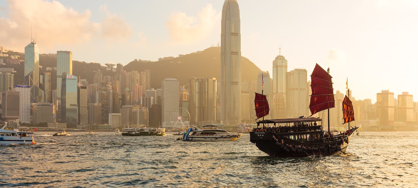 Traditional Chinese junk in Victoria Harbor.