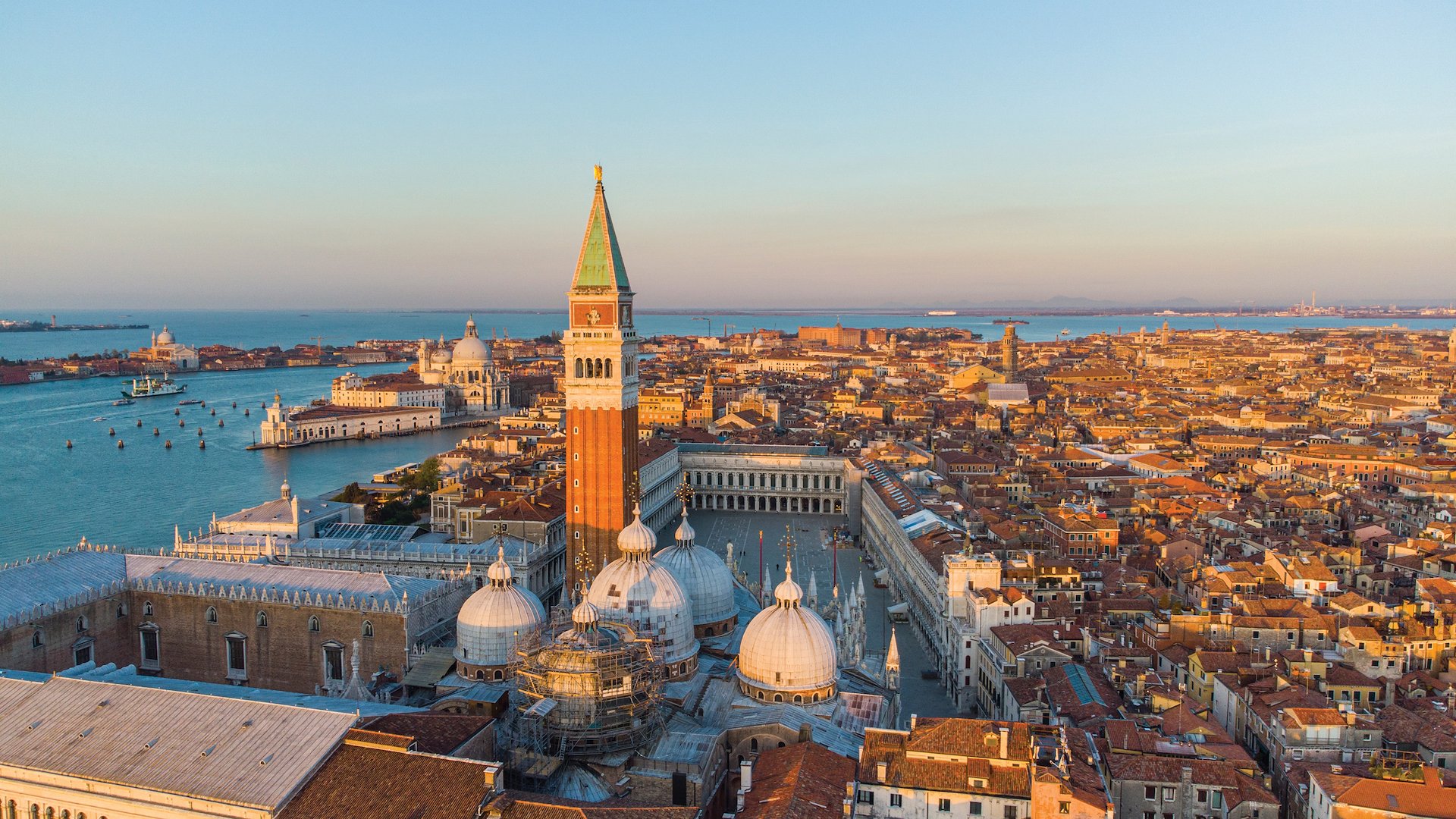 St Mark’s Campanile bell tower stands tall above Piazza San Marco and the city beyond.